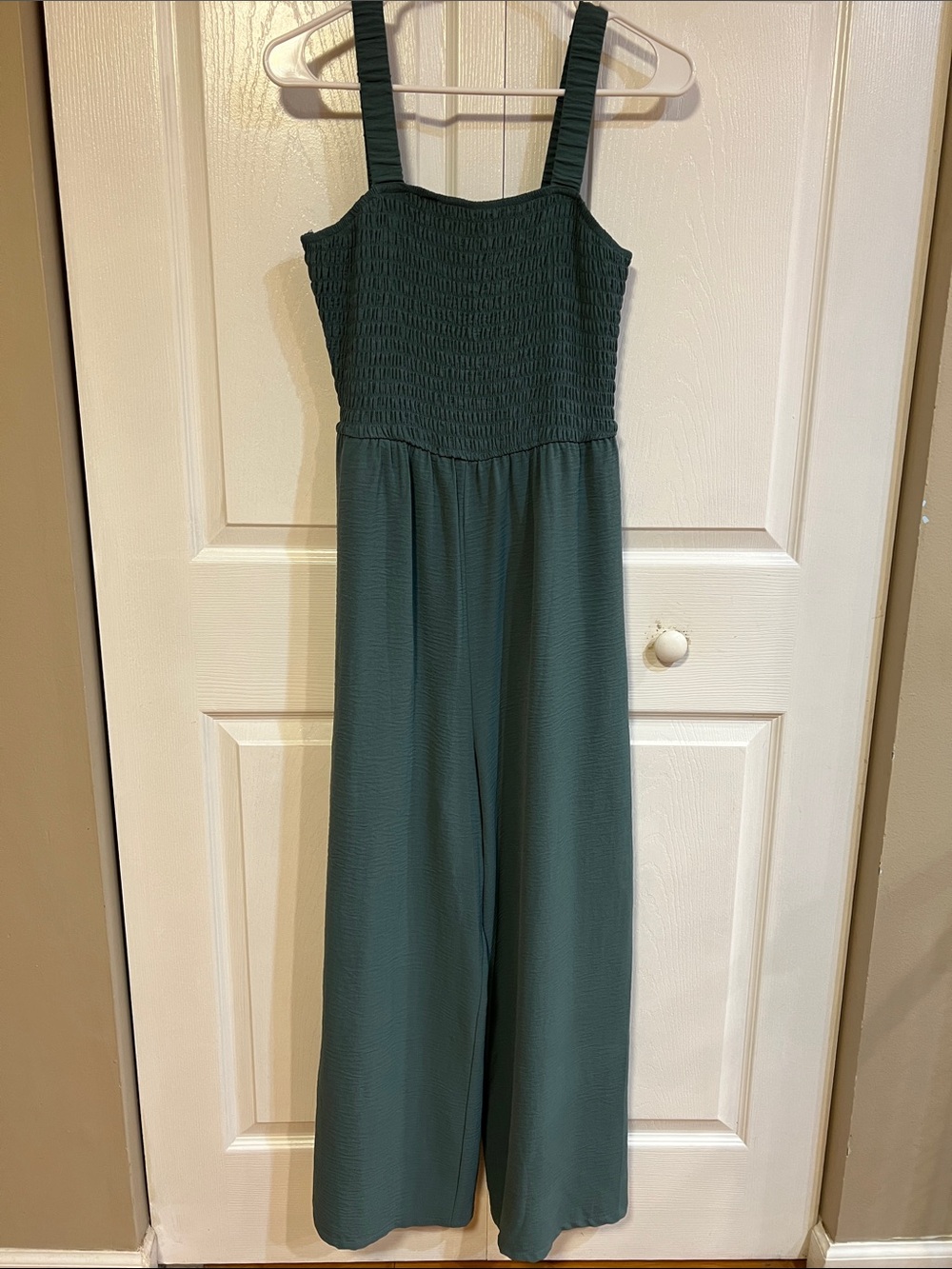 Smocked Wide-Leg Jumpsuit in Deep Green
